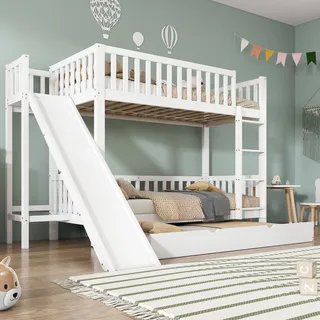 Merax Etagenbett mit Rollbett und Rutsche, Kinderbett mit Fallschutzgitter, 4-stufiger gerader Leiter und Regale, Kiefer+MDF, Weiß, 90x200/190cm, ohne Matratzen, für DREI Personen