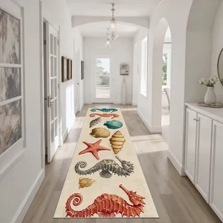 Dyjuaa Retro Ocean Teppich Läufer 80x200 cm Küchenläufer Seepferdchen Teppichläufer rutschfest Waschbar Kurzflor Muschel Seestern Teppiche Carpet für Flur, Küche, Wohnzimmer