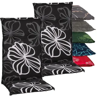Beo Gartenstuhlauflagen Hochlehner 2er Set Barcelona | Made in EU nach Öko-Tex Standard | Hochlehner Auflagen waschbar | Atmungsaktive Stuhlauflagen Hochlehner mit Blumen in Grau-Schwarz-Weiß