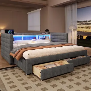 Flieks Schlafsofa Polsterbett 90x190cm mit Led und Ladefunktion, Tagesbett Daybed mit 2 Schubladen und offenen Staufächern, Samt, Grau - Grau