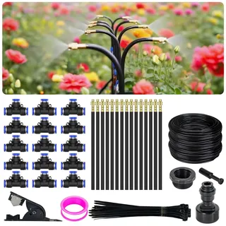 360° Einstellbar Garten Bewässerungssystem, Garten Bewässerungsschlauch Kit 15M with 15 Düsen, Tropfbewässerung Misting Kühlsystem für hochbeet Gewächshaus Terrasse Pflanzen Garden, 0.78cm Schlauch