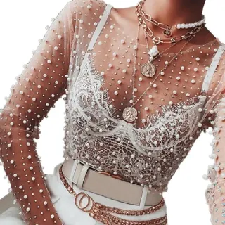 Myazs Langärmeliges Crop-Top für Damen, Netzstoff, glänzende Perlen für Strass, Rundhals, Pullover, Hemd, Bluse, schmale Abdeckung, Party, Club, Damen, Vertuschung, Party, Clubwear - L