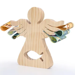 LAMEK Holzengel mit Fisch Holz Schutzengel Geldgeschenk Mädchen Jungen Engel Holzfiguren Glücksengel Figur Gastgeschenk Geschenk für Firmung Taufe Kommunion Konfirmation