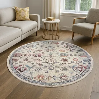 MY-RUG Wohnzimmerteppich Rund 190 cm Kurzflor - Vintage Teppich Beige Blau | Anjali IV Ornament Webteppich in Felloptik - OEKO-TEX zertifiziert, weich & strapazierfähig für Schlafzimmer & Kinderzimmer