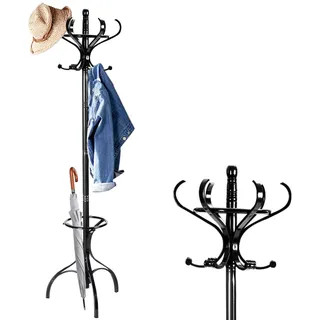 HOMASIS 182cm Kleiderständer, Garderobenständer mit 12 drehbaren Haken & Schirmständer, Jackenständer Garderobe aus holz für Mänteln, Hüten & Taschen, Standgarderobe für Schlafzimmer & Flur (Schwarz)