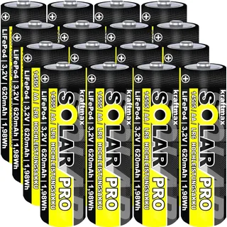 16 er Pack SOLAR pro Mignon AA Akkus - wiederaufladbare Batterien - 3,2V / 1,92Wh / 14505 - LiFePo4 Hochleistungs- Akku Batterie speziell für Sola...