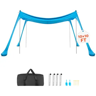Vevor Strandzelt mit Sonnenschutz (UPF 50+) 2,3 x 2,3 x 2 m Grundfläche, Strandmuschel mit Stützstangen & Sandschaufeln, Tragbares Sonnensegel für Familienausflüge Camping Angeln Blau