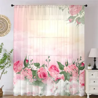 Surwin Vorhänge Wohnzimmer, Blumen-Vogelserie Schmetterling Scheibengardinen, Gardinen mit ösen, 1er Set Vorhänge, Transparent Tüll Gardine Wohnzimmer für Fenster Wohnzimmer (Rosa 1 B,W132xH160cm)