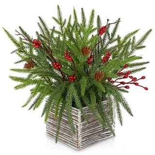 Arborus Künstliche Weihnachtspflanze Rustikal Tischdeko Weihnachten | Weihnachtsgesteck Künstlich im Topf Berren Tannenzapfen Weihnachtsschmuck Fensterbank Regal Dekor im Wohnzimmer Schlafzimmer