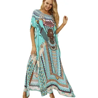 LikeJump Damen Baumwolle Hippie Kaftan Knielang Strandkleid Bikini Cover-up Badeanzug Kleidung - Einheitsgröße