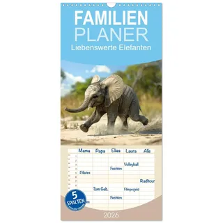 Calvendo Familienplaner 2026 - Liebenswerte Elefanten mit 5 Spalten (Wandkalender, 21 x 45 cm) CALVENDO