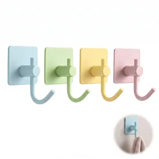 4er Set Klebehaken Kinder Bunt - J-Form Wandhaken ohne Bohren für Kindergarderobe & Kinderzimmer - Selbstklebende Garderobenhaken für Kleidung & Taschen - Babyblau, Grün, Gelb, Rosa