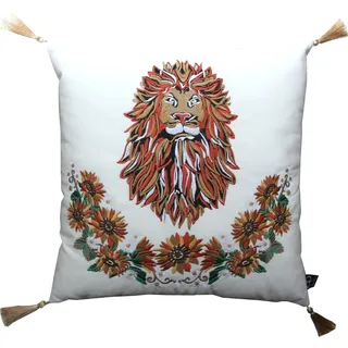 Casa Padrino Luxus Deko Kissen mit Troddeln Löwe Weiß-Creme / Gold 45 x 45 cm - Feinster Samtstoff - Luxus Qualität