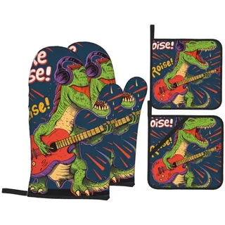 Ofenhandschuhe und Topflappen mit Dinosaurier-Motiv, rutschfest, hitzebeständig bis 500 Grad, für Grill, Backen, Kochen, Ofen, Mikrowelle, 4 Stück
