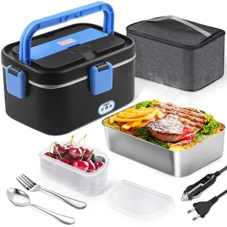 AUTOPkio Elektrische Lunchbox 1,8L 80W, Großer Beheizbare Speisenwärmer für Auto LKW Büro 12V/24V/220V mit Tasche Edelstahl Gabel & Löffel (Blau)