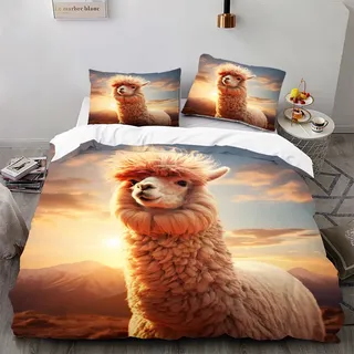 Ruiqieor Bettwäsche 135x200cm,Berggipfel Sonnenuntergang Alpaka Motiv Bettwäsche Set,Bettbezüge Set 3teilig,1 Bettbezug und 2 Kissenbezug 80x80 cm,3D Tier gedruckte Bettwäsche(#10)