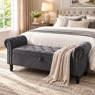 Clevich Sitzbank mit Stauraum 133 cm, Sofa Bench mit Gasdruckfeder | Samt Polsterbank Bettbank Dunkelgrau, Aufbewahrungsbank mit Holzbeinen, Stauraumbank für Schlafzimmer, Wohnzimmer