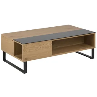 Allan Couchtisch mit Hebe/Senkefunktion und Aufbewahrung in Eiche Furnier und schwarzen Glas.