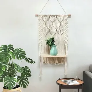 Wandregal Aus Holz, Makramee, Boho-stil, Pflanzen, Quasten, Handgewebt
