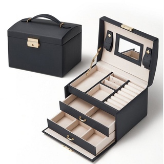 Mondeer Schmuckkasten Schmuckbox, abschließbar, 3 Ebenen, mit Spiegel und Schubladen schwarz