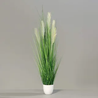 Seidenblumen Roß Pampasgras im weißen Dekotopf DP Dekogras Kunstgras künstliches Gras Kunstpflanzen (120cm)