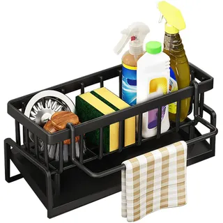 Hekasvm Spülbecken Organizer, Schmal Küche Sink Caddy, Spülbecken Organizer Mit Abnehmbar Abflusspfanne Handtuchhalter, Edelstahl Spüllappenhalter Lappenhalter Schwammhalter Küchen Zubehör (Schwarz)