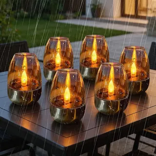 SKIKHN 6 Stück Led Kerzen Elektrische Teelichter, Solar Teelichter für Außen, Solar Kerzen Outdoor, Aufladbar Flackernd Solarlampen Wasserdicht, für Outdoor Wetterfest Garten Terrasse Balkon Deko