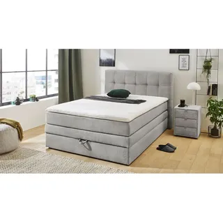 'massivart' Boxspringbett 140 x 200 cm hellgrau Cordbezug mit 6 cm Kaltschaum Topper - AMY - Die Möbelfundgrube - Grau