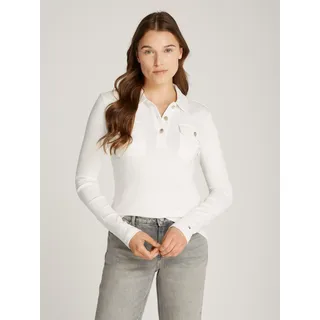 Tommy Hilfiger Poloshirt TOMMY HILFIGER "SLIM GOLD BTN POLO LS", Damen, Gr. XXXL (46), weiß (ivory petal), Single Jersey, Obermaterial: 100% Baumwolle, unifarben, casual, slim fit hüftlang, Langarm abgesteppt, Shirts, mit Brusttaschen, goldfarbenen Knöpfen