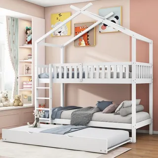 Merax Hausbett für Kinder, Kinderbett Hochbett 90x200 cm, Etagenbett aus Holz mit DREI Betten, Rausfallschutz und Lattenrost, Jugendzimmer mit Treppe, Spielbett für Mädchen & Jungen, Weiß