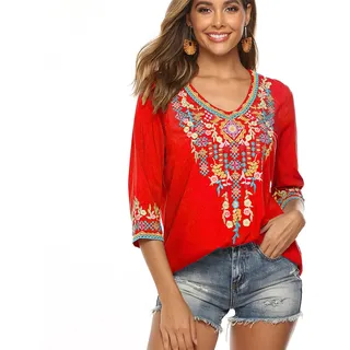 drakloak Bluse Stickerei Damen Boho Bestickte Oberteile Tunika Folklore Hippie Blusen Blumenmuster Oberteil Kurzarm Lose Tops(054 RD XL) - XL