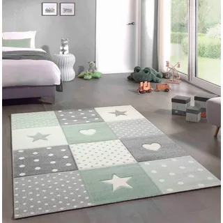 Carpetia Kinderteppich Kinderteppich Kinderzimmer Punkte Herz Stern Design grün grau creme, rund, Höhe: 13 mm grau|grün rund | 120 cm x 120 cm x 13 mm