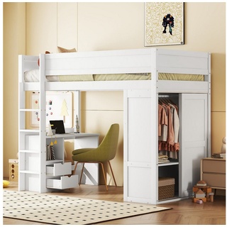 Flieks Hochbett Kinderbett Einzelbett 90x200cm mit Kleiderschrank und Schreibtisch weiß