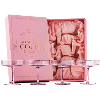 Vintage Art Deco Gerippte Coupe Gläser in Zartem Rosa mit Goldrand | 4er Set | 200 ml Cocktailgläser für Champagner, Espresso Martini, Cosmopolitan, Daiquiri | Speakeasy Kristall Champagnerschalen