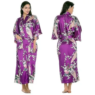 Langer Kimono-bademantel Aus Luxuriösem, Weichem Seidensatin Für Damen – Größe M – Lila