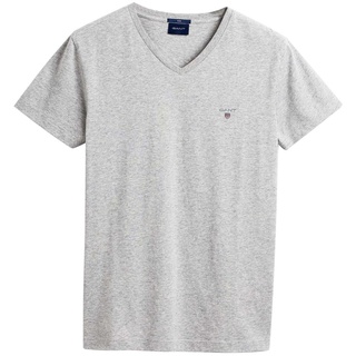 GANT Herren T-Shirt - Original Slim V-Neck T-Shirt, Baumwolle, kurzarm Hellgrau meliert 2XL