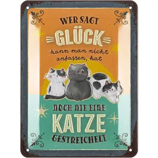 LANOLU Retro Blechschild KATZE Spruch - Wer sagt Glück - vintage Metallschilder mit Sprüchen als Wanddeko für Küche und Garten - Shabby Chic Deko Farmhouse, Katzen Deko, 15x20cm
