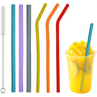6 Stück Bunte Silikon Strohhalme Set mit Reinigungsbürste, Kleine Gerade und Gebogene Trinkhalme für Kinder und Erwachsene, Spülmaschinenfest und Wiederverwendbar (Blau, Grau, Lila, Rot, Orange, Grün)