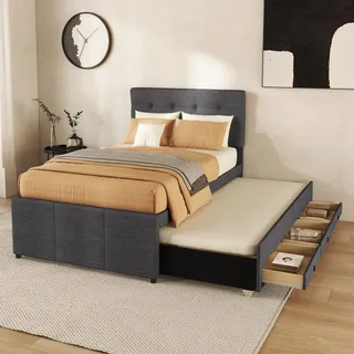 Flieks Polsterbett 90x200cm Einzelbettt mit ausziehbarem Unterbett, Massivholzbett mit Lattenrost und 3 Schubladen, Stauraumbett Gästebett Tagesbe... - Grau
