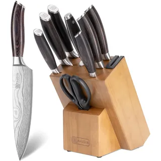 PAUDIN Messerblock Set 10tlg integriertem Messerschärfer Messerset Block | aus hochwertigem Edelstahl Kochmesser Brotmesser Santoku-Messer Schälmesser Allzweckmesser Fleischmesser Schere Wetzstahl