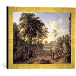 Gerahmtes Bild von Andrea Locatelli Landschaft mit Figuren an einem Brunnem, Kunstdruck im hochwertigen handgefertigten Bilder-Rahmen, 40x30 cm, Gold Raya