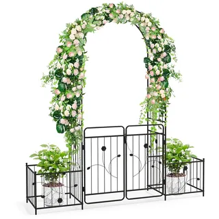 HOMASIS Rosenbogen mit Tür, Metall Gartenbogen mit Rankgitter & 2 Pflanzkästen, Gartentor stabil wetterfest, Rankhilfe für Kletterpflanzen, Spalier Torbogen für Hochzeit Garten Partys (202x50x220cm)