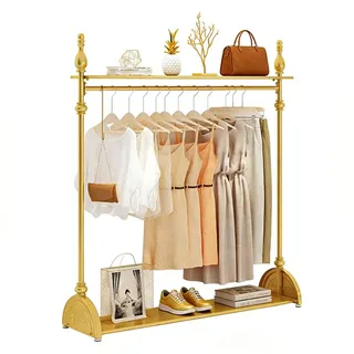 SCGSJZH Kleiderstange mit Ablage, Stabil Garderobenständer Metall, Schwerlast Kleiderständer mit Lagerregal, Clothes Rail Rack für Wohnzimmer, Eingangsbereich (Gold, 150x40x165cm)