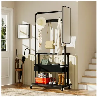 HAUSS SPOLE Garderoben-Set mit Spiegel und Rollen,Metallgarderobe Flur-Kleiderständer in Schwarz, (mobile Garderobe für Flur, Wohnzimmer, Schlafzimmer, mit Aufhängen, Stofftasche, offene Staufach und 70 cm hoher Spiegel), mit vier leichtgängigen 360°-Lenkrollen schwarz