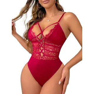 Buitifo Damen Sexy Body Ein Stück Babydoll Dessous Spitze Teddy Negligee(Red,M) - M