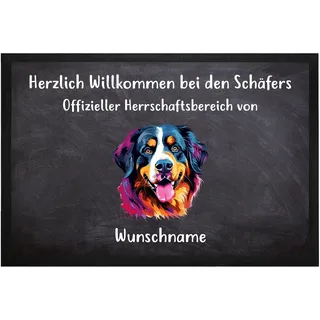 Personalisierte Fußmatte für Hundebesitzer „Offizieller Herrschaftsbereich“ mit Hundemotiv (100 Hunderassen wählbar), eigenem Willkommen-Spruch und Wunschnamen (Berner Sennenhund)