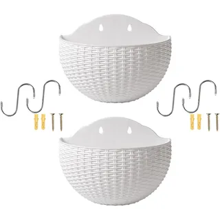 2 Stück Hängend Blumenampel, Φ 21CM Wand Blumentopf, Hängende Blumentöpfe für Innen Außen, Halbrunder Rattanimitat Hängetopf für Pflanzen mit Ablaufauslass und 4 Haken für Garten, Zaun, Terrasse