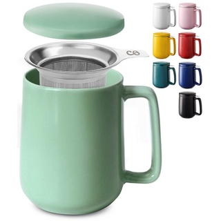 Cosumy Teeglas Teetasse mit Sieb und Deckel 500ml - Jumbotasse, Keramik, Hält Lange warm - 500 ml XXL Groß - Spülmaschinenfest grün