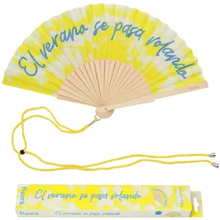 Fisura – Originaler Fächer mit Message „EL Verano“. Moderner bunter Handfächer aus Holz in Gelb, mit Trageschlaufe, lustige Geschenkidee für Strand und Urlaub, 42,5 x 23 cm