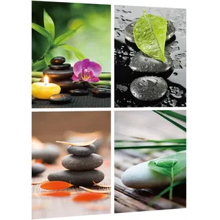 4er Set Wandtattoo Zen Steinen - Wandsticker Grüne Pflanzen Blumen & SPA Badezimmer Poster Selbstklebend - Wandaufkleber für Deko Toilette, Wohnzimmer, Esszimmer, Büro 50x35cm (c)